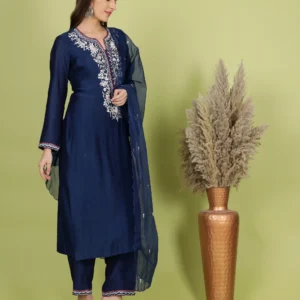 Blue Embroidered Silk Kurta Set with Organza Dupatta