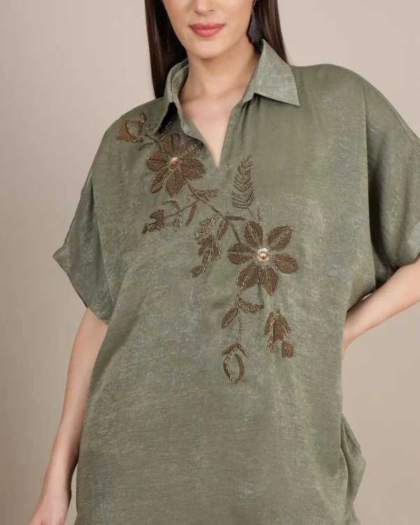 Olive Green Sandwash Satin Kurta Set with Cutdana and Sequin Work