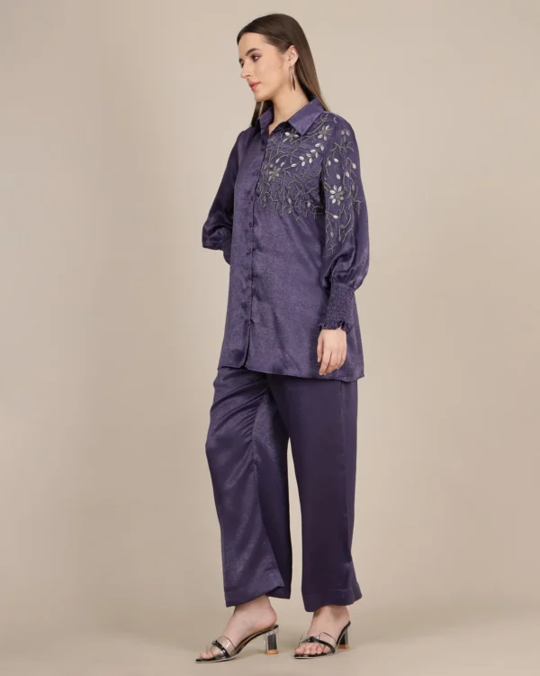 Elegant Purple Sandwash Satin Kurta Set with Silver Cutdana and Stone Handwork