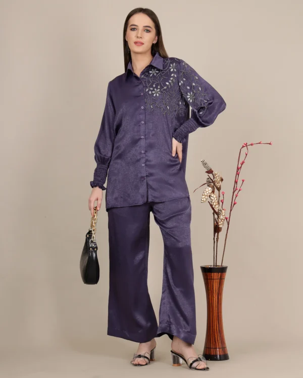 Elegant Purple Sandwash Satin Kurta Set with Silver Cutdana and Stone Handwork