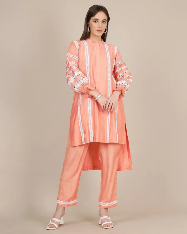 Elegant Peach Silk Kurta Set with Lace Work