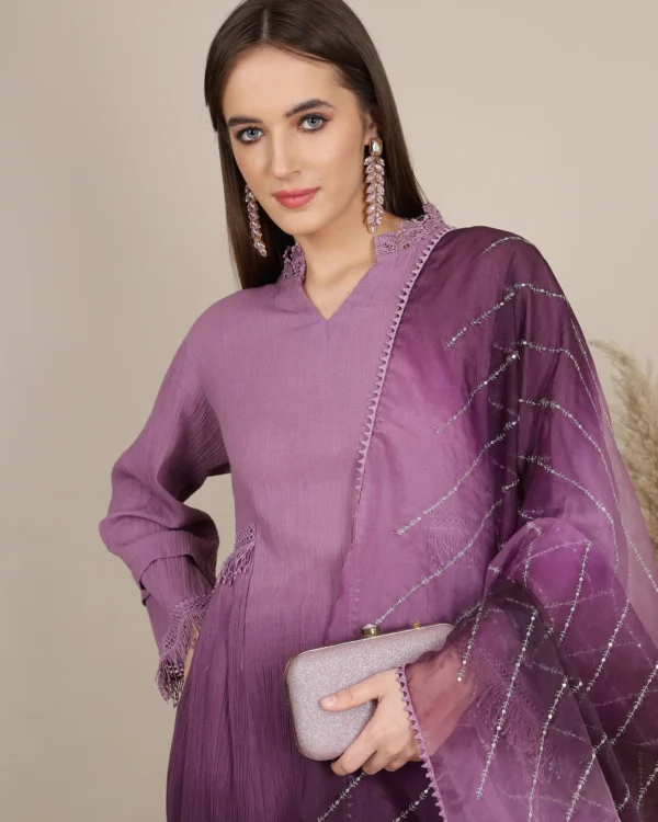 Elegant Purple A-Line Kurta Set with Organza Dupatta