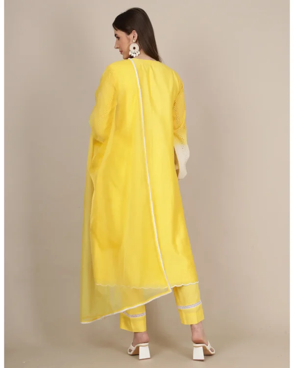 Yellow Embroidered Silk Kurta Set with Organza Dupatta