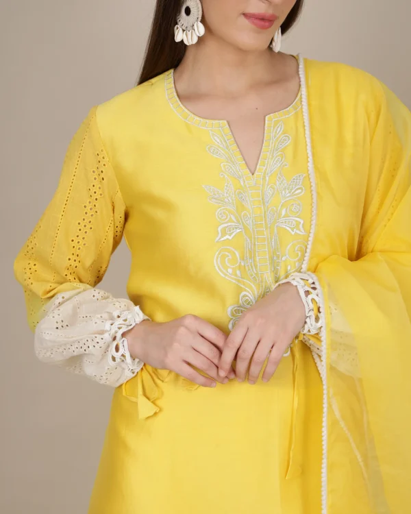 Yellow Embroidered Silk Kurta Set with Organza Dupatta