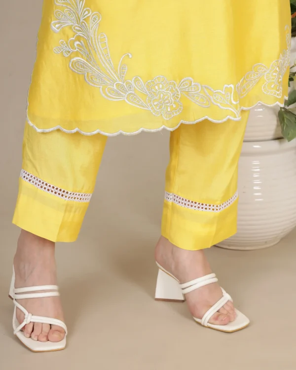 Yellow Embroidered Silk Kurta Set with Organza Dupatta