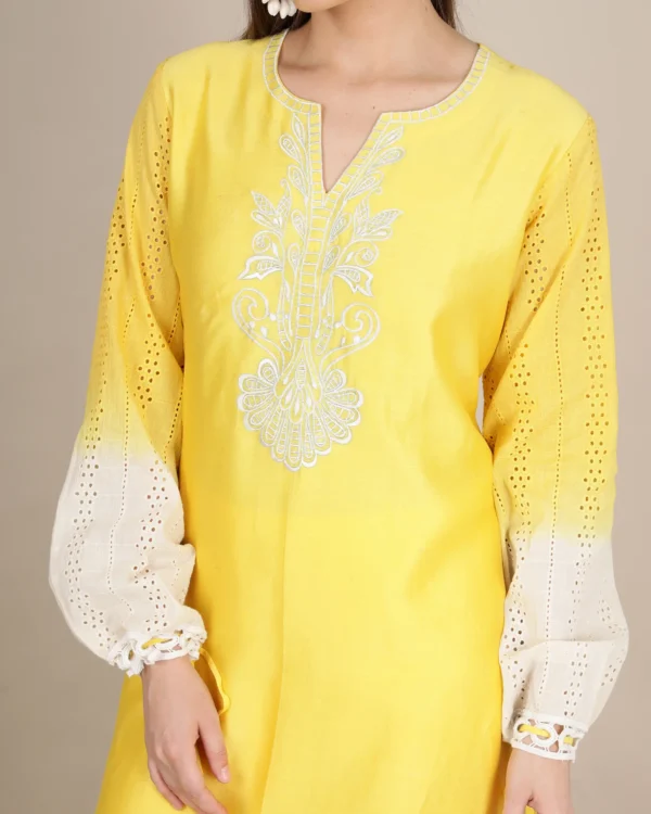 Yellow Embroidered Silk Kurta Set with Organza Dupatta