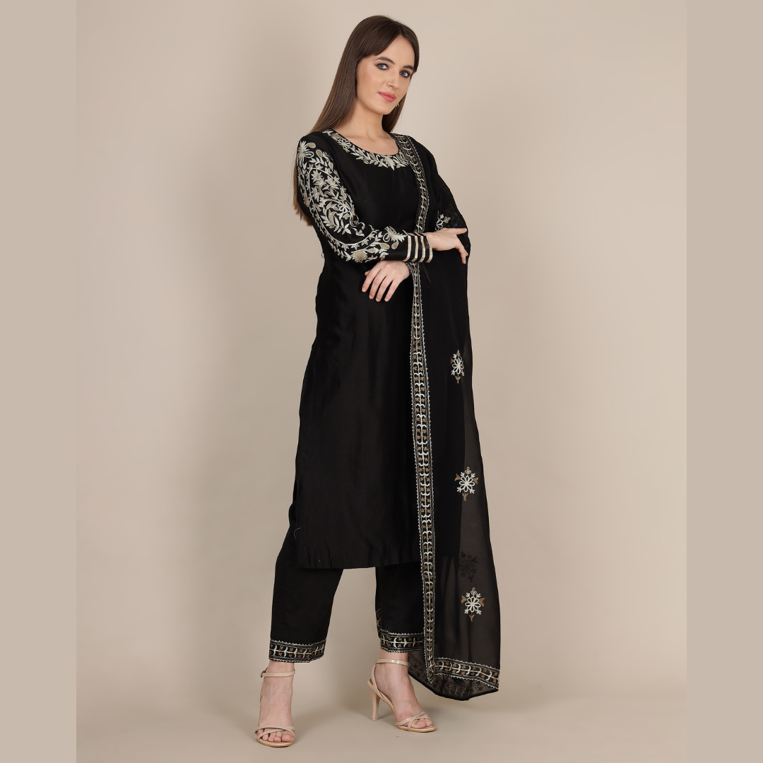 Black Silk Kurta Set with Organza Dupatta