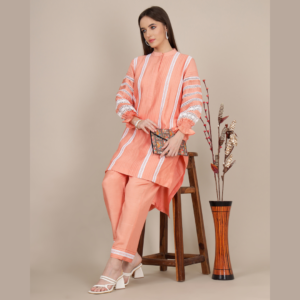 Elegant Peach Silk Kurta Set with Lace Work