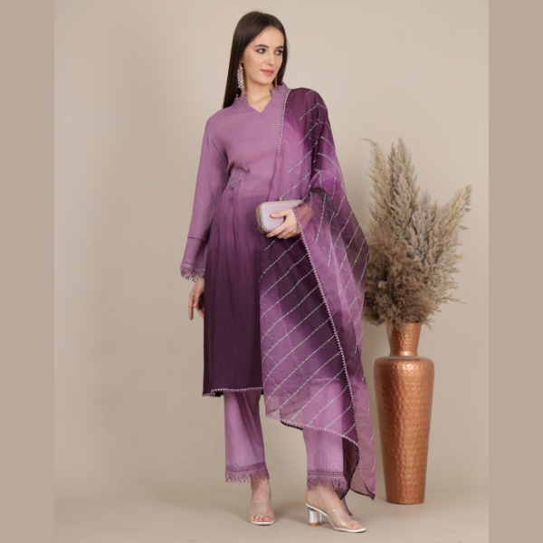 Elegant Purple A-Line Kurta Set with Organza Dupatta