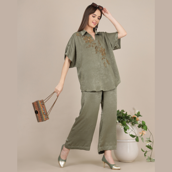 Olive Green Sandwash Satin Kurta Set with Cutdana and Sequin Work